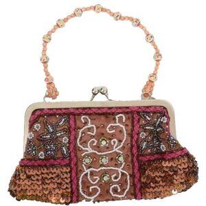 Vintage 80s Brown Satin Hand Beaded Evening Bag Purse Sequin Kiss Lock Boho